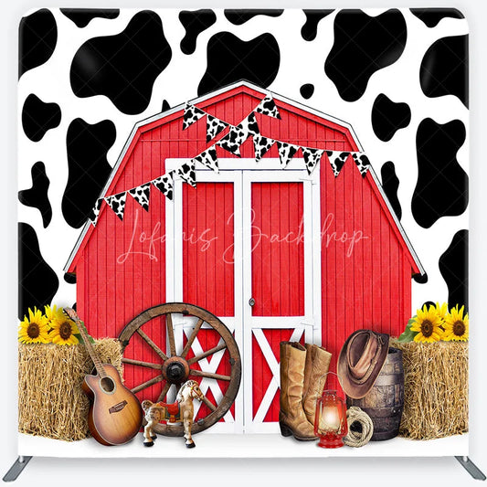 Lofaris Red Barn and Cow Print Square Double-Sided Backdrop Rustic Farm Western Party Decor