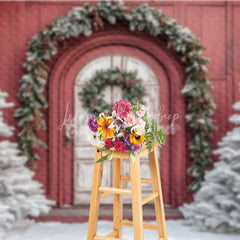 Lofaris Red Barn White Door Christmas Backdrop Snowy Tree Farmhouse Photography Background