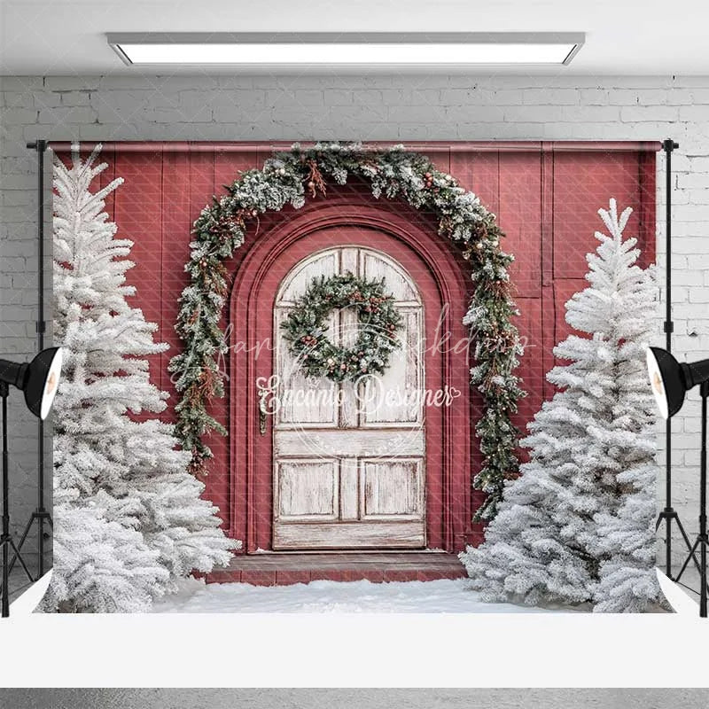 Lofaris Red Barn White Door Christmas Backdrop Snowy Tree Farmhouse Photography Background