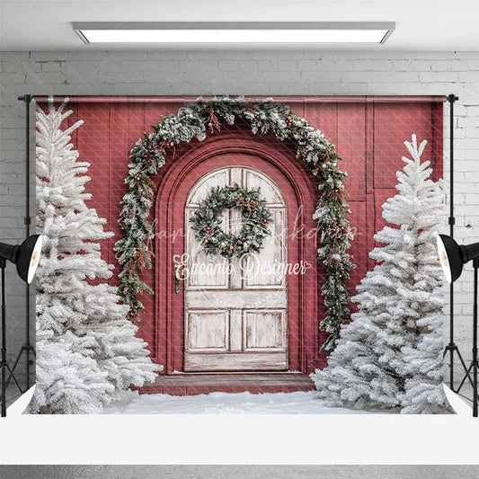 Lofaris Red Barn White Door Christmas Backdrop Snowy Tree Farmhouse Photography Background