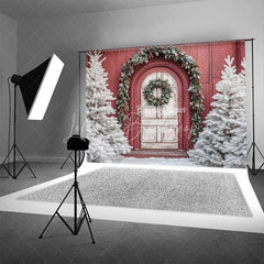 Lofaris Red Barn White Door Christmas Backdrop Snowy Tree Farmhouse Photography Background