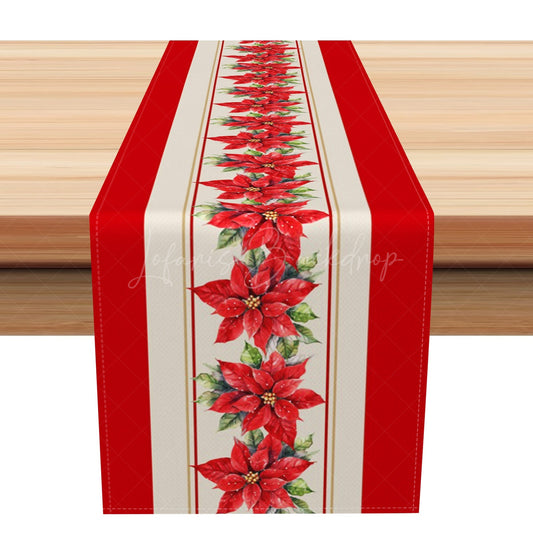 Lofaris Red Beige Stripe Poinsettia Christmas Table Runner
