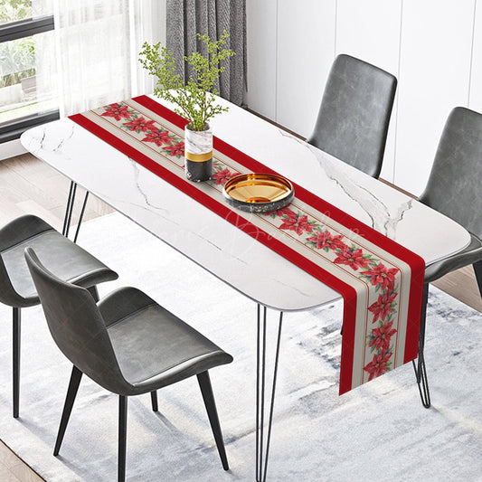Lofaris Red Beige Stripe Poinsettia Christmas Table Runner