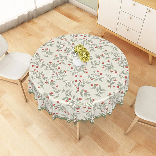 Lofaris Red Berry and Green Leaf Round Tablecloth Rustic Botanical Garden Style Table Cover for Dining