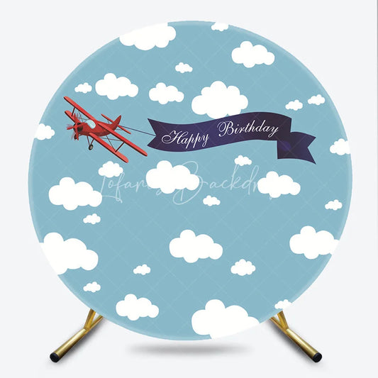 Lofaris Red Biplane with Happy Birthday Banner Round Backdrop Blue Sky and White Clouds Aviation Party Decor