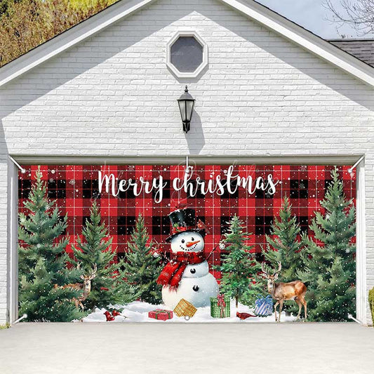 (Ship in 24HR) Lofaris Red Black Plaid Snowman Christmas Garage Door Banner