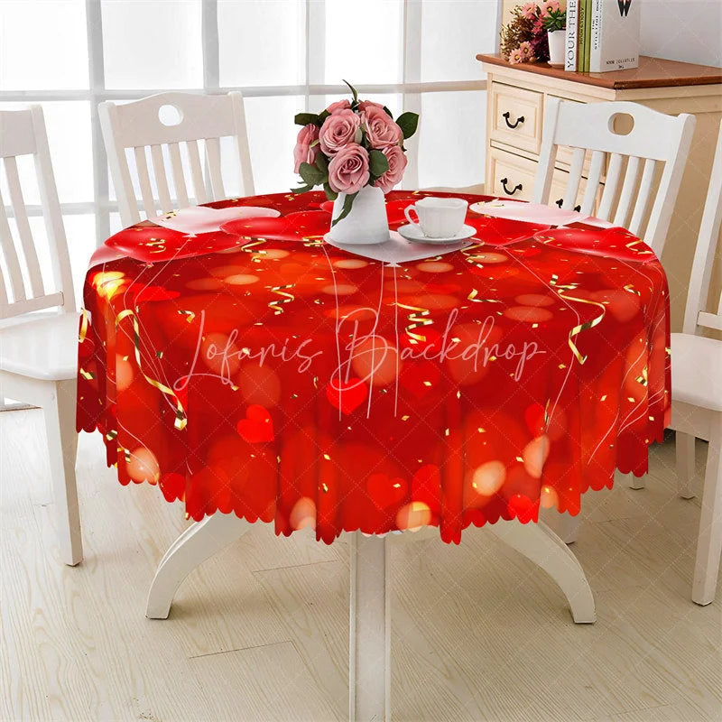 Lofaris Red Bokeh Gold Ribbon Round Tablecloth Festive Valentine Heart Table Cover for Dinner