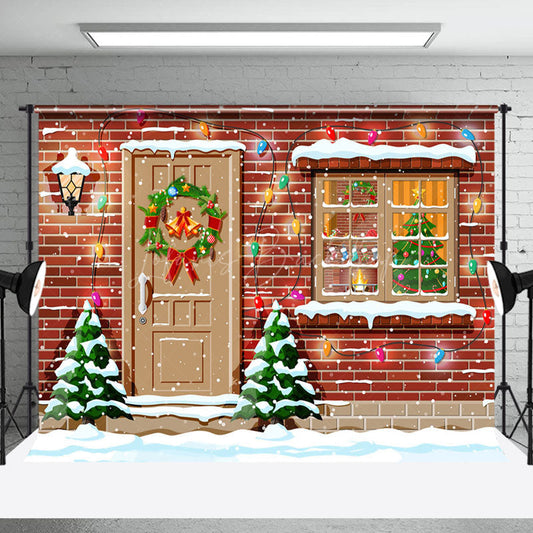 Lofaris Red Brick Wall Door Window Snow Christmas Backdrop