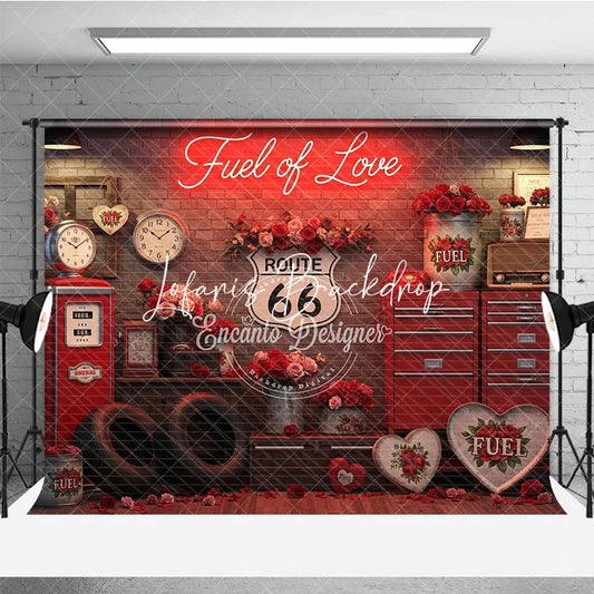 Lofaris Red Brick Wall Fuel of Love Neon Sign Vintage Garage Photography Backdrop Route 66 Valentine’s Day Party