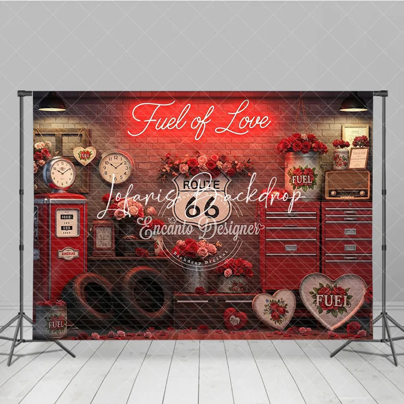 Lofaris Red Brick Wall Fuel of Love Neon Sign Vintage Garage Photography Backdrop Route 66 Valentine’s Day Party