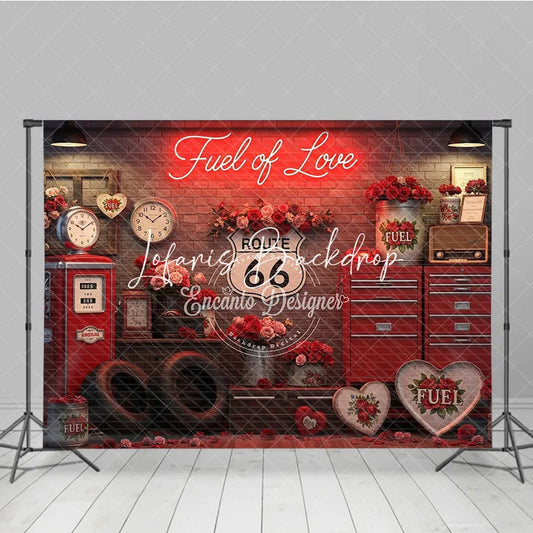 Lofaris Red Brick Wall Fuel of Love Neon Sign Vintage Garage Photography Backdrop Route 66 Valentine’s Day Party