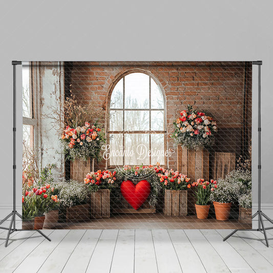 Lofaris Red Bricks Wall Window Floral Valentines Day Backdrop