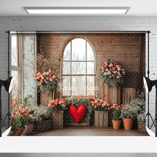Lofaris Red Bricks Wall Window Floral Valentines Day Backdrop