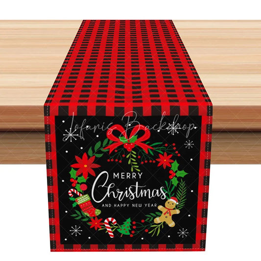 Lofaris Red Buffalo Plaid Christmas Table Runner ’Merry Christmas’ Wreath Farmhouse Holiday Dining Decor