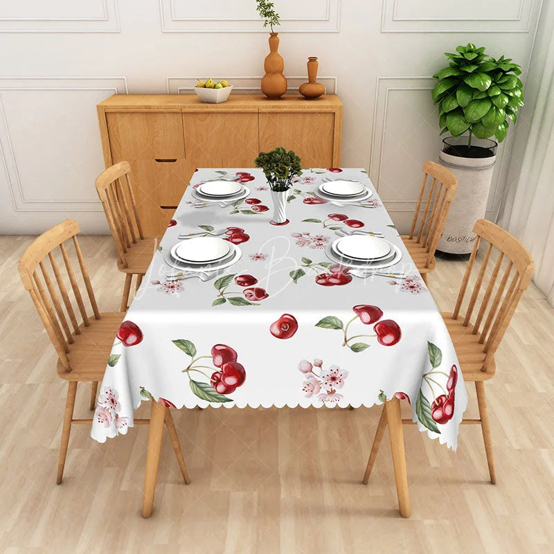 Lofaris Red Cherry and Blossom Rectangle Tablecloth Sweet Fruit Floral Table Cover Farmhouse Kitchen Decor