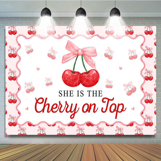Lofaris Red Cherry On Top Pink Bow Gender Reveal Backdrop