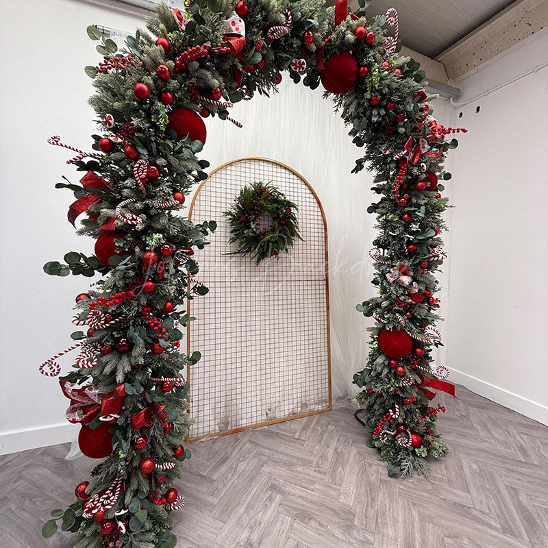 Lofaris Red Christmas Garland Arch Classic Artificial Pine Foliage with Baubles Festive Holiday Decor for Home and Party