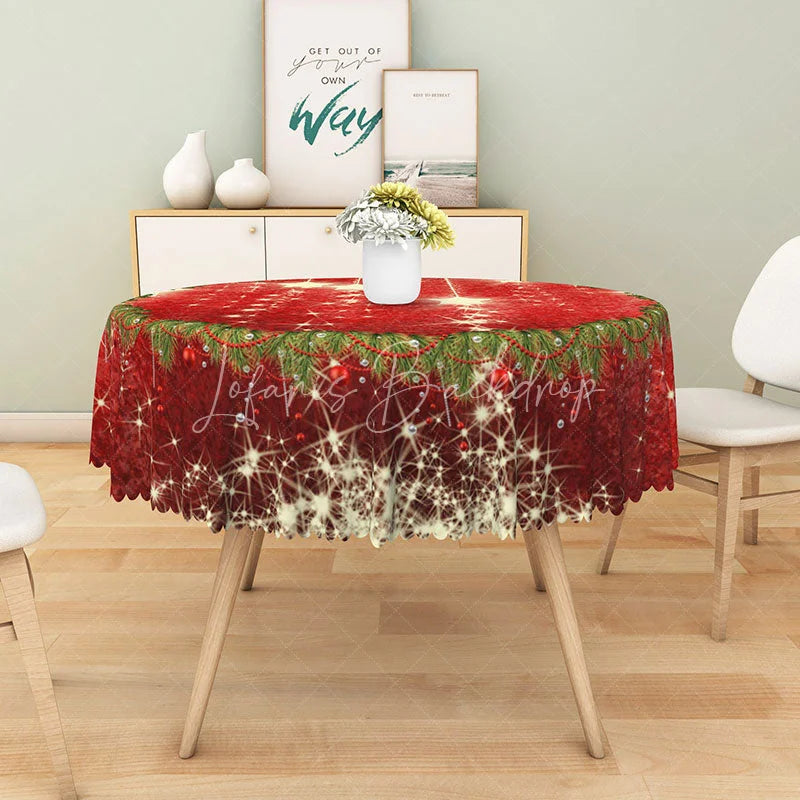 Lofaris Red Christmas Round Tablecloth with Sparkling Stars and Garland Border Festive Holiday Dining Table Decor