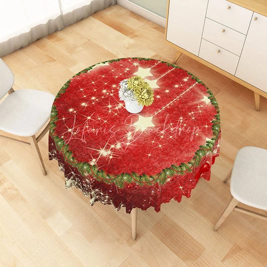 Lofaris Red Christmas Round Tablecloth with Sparkling Stars and Garland Border Festive Holiday Dining Table Decor