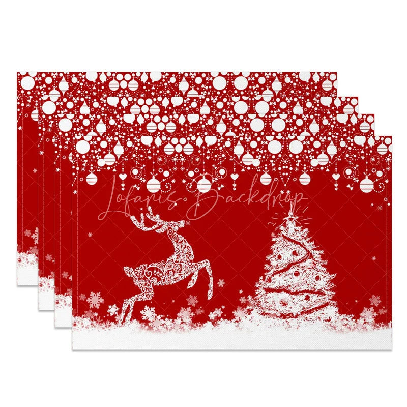 Lofaris Red Christmas Set of 4 Placemats White Lace Reindeer Xmas Tree Winter Holiday Table Mats Decor