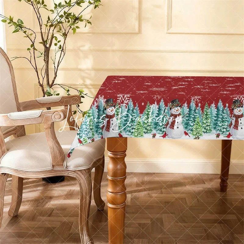 Lofaris Red Christmas Snowman and Pine Tree Rectangle Tablecloth Winter Snowflake Holiday Party Decoration