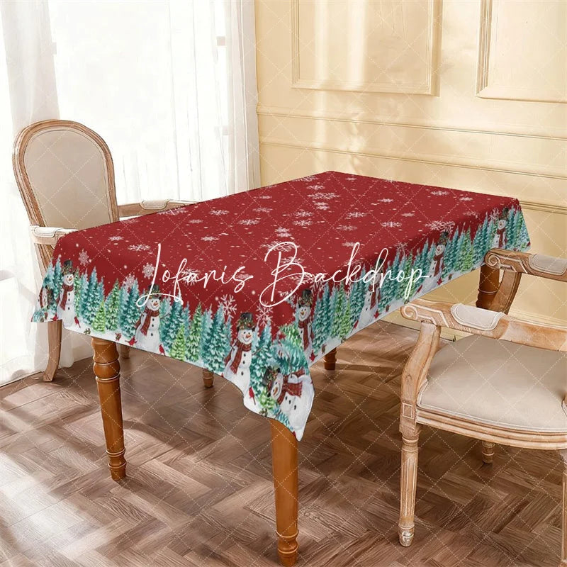 Lofaris Red Christmas Snowman and Pine Tree Rectangle Tablecloth Winter Snowflake Holiday Party Decoration