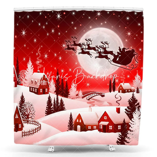 Lofaris Red Christmas Snowy Village Shower Curtain with Santa Claus and Reindeer Sleigh Winter Holiday Decor