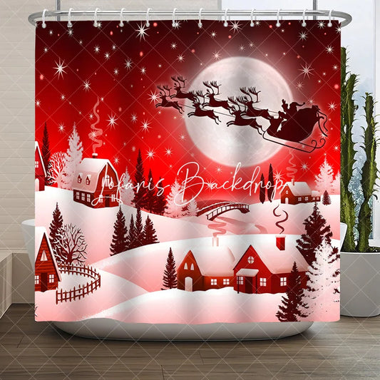 Lofaris Red Christmas Snowy Village Shower Curtain with Santa Claus and Reindeer Sleigh Winter Holiday Decor