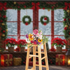 Lofaris Red Christmas Window Photography Backdrop Poinsettias and Wreaths with Snowy View Cozy Holiday Photo Background