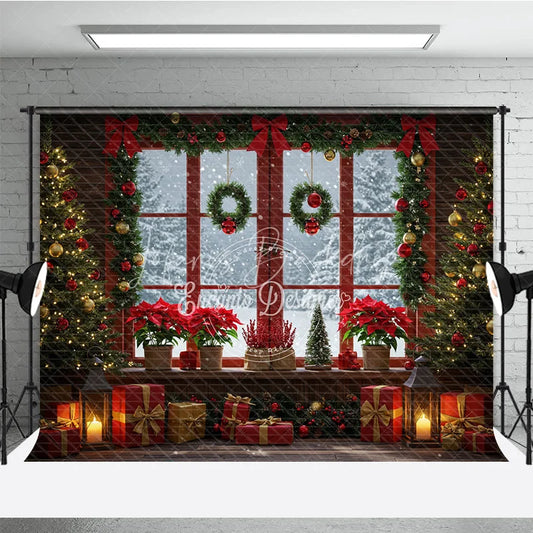 Lofaris Red Christmas Window Photography Backdrop Poinsettias and Wreaths with Snowy View Cozy Holiday Photo Background