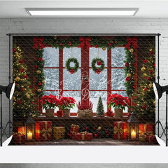 Lofaris Red Christmas Window Photography Backdrop Poinsettias and Wreaths with Snowy View Cozy Holiday Photo Background