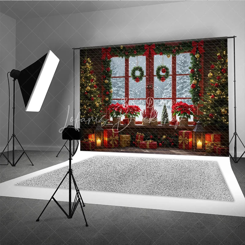 Lofaris Red Christmas Window Photography Backdrop Poinsettias and Wreaths with Snowy View Cozy Holiday Photo Background