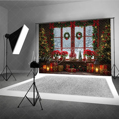Lofaris Red Christmas Window Photography Backdrop Poinsettias and Wreaths with Snowy View Cozy Holiday Photo Background
