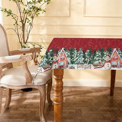 Lofaris Red Christmas Winter Wonderland Rectangle Tablecloth with Snowmen Pine Trees and Cabins Snowflake Decor