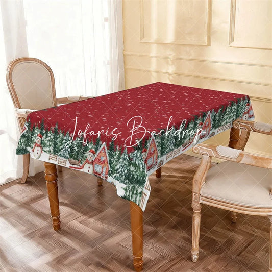 Lofaris Red Christmas Winter Wonderland Rectangle Tablecloth with Snowmen Pine Trees and Cabins Snowflake Decor