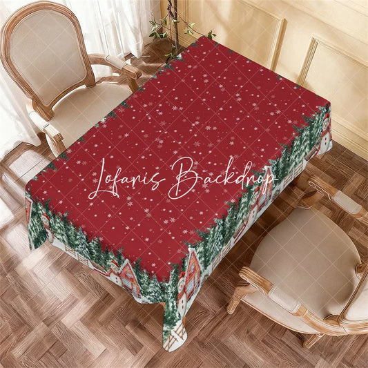Lofaris Red Christmas Winter Wonderland Rectangle Tablecloth with Snowmen Pine Trees and Cabins Snowflake Decor
