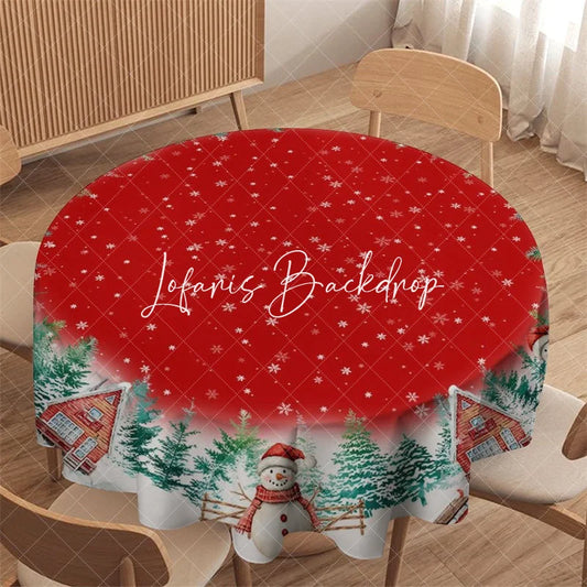 Lofaris Red Christmas Winter Wonderland Round Tablecloth featuring Snowflakes Pine Trees Houses and Snowmen Decor