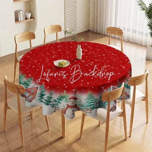 Lofaris Red Christmas Winter Wonderland Round Tablecloth featuring Snowflakes Pine Trees Houses and Snowmen Decor