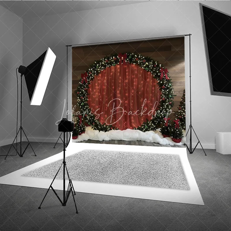 Lofaris Red Curtain Christmas Backdrop Round Wreath Arch Photography Background Winter Snow Floor Holiday Party Decoration