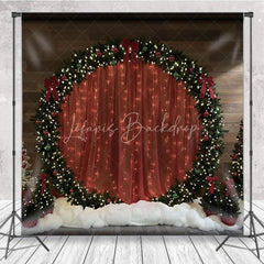 Lofaris Red Curtain Christmas Backdrop Round Wreath Arch Photography Background Winter Snow Floor Holiday Party Decoration
