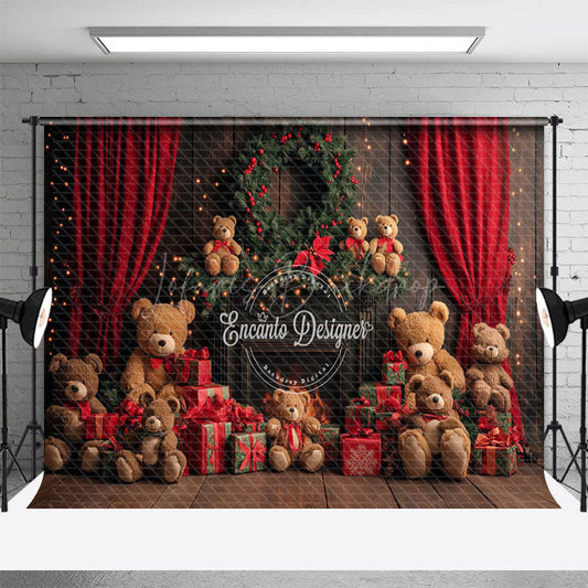 Lofaris Red Curtain Gifts Bear Wreath Christmas Vibe Backdrop
