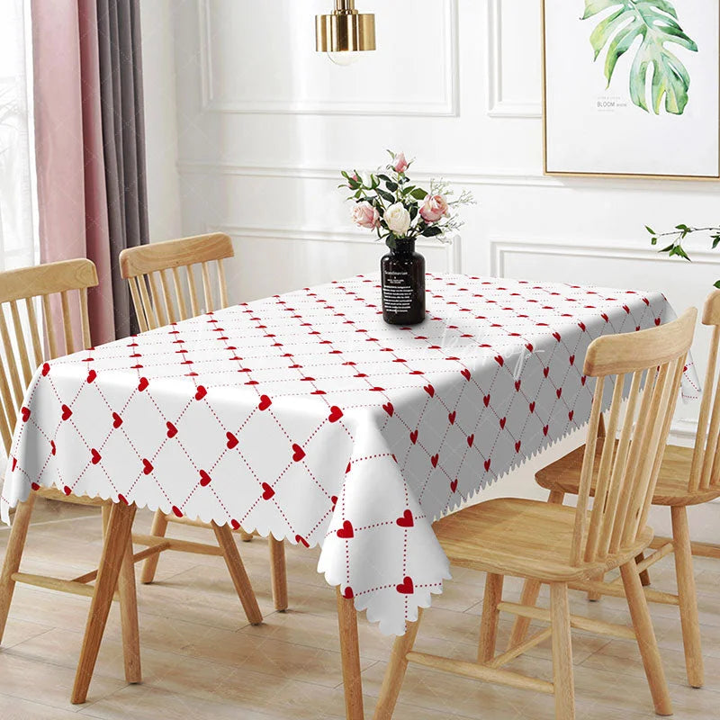 Lofaris Red Dotted Grid Heart Rectangle Tablecloth Geometric Diamond Pattern on White Simple Valentine Kitchen Decor