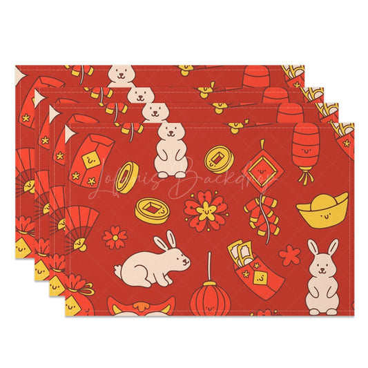 Lofaris Red Festive Gold Rabbit New Year Set Of 4 Placemats
