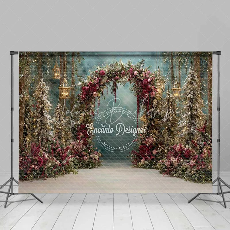 Lofaris Red Floral Forest Arch Backdrop Hanging Lantern Winter Snow Photography Background