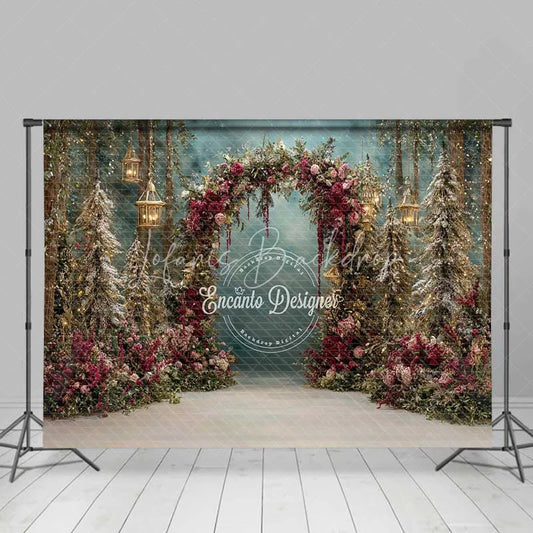Lofaris Red Floral Forest Arch Backdrop Hanging Lantern Winter Snow Photography Background