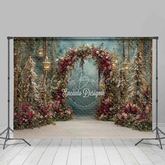 Lofaris Red Floral Forest Arch Backdrop Hanging Lantern Winter Snow Photography Background