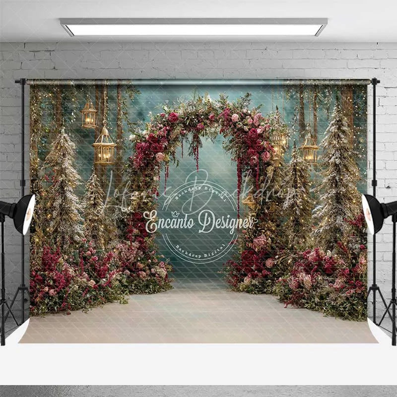 Lofaris Red Floral Forest Arch Backdrop Hanging Lantern Winter Snow Photography Background