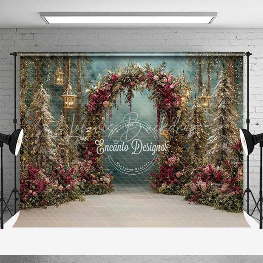 Lofaris Red Floral Forest Arch Backdrop Hanging Lantern Winter Snow Photography Background