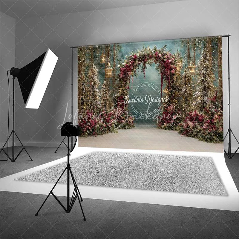 Lofaris Red Floral Forest Arch Backdrop Hanging Lantern Winter Snow Photography Background