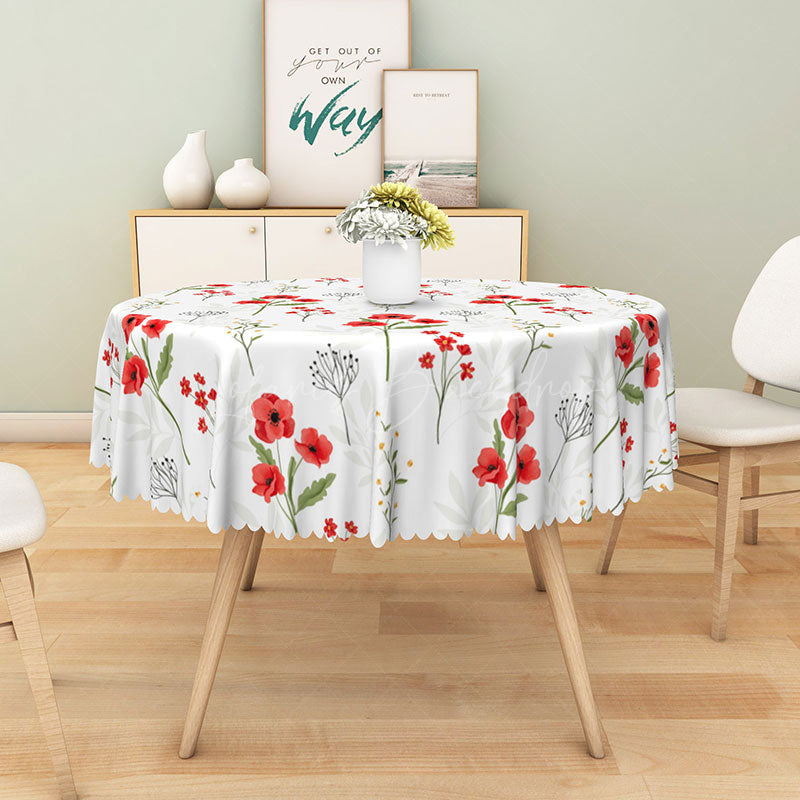 Lofaris Red Flower Round Tablecloth with Green Stems on White for Modern Floral and Minimalist Dining Decor